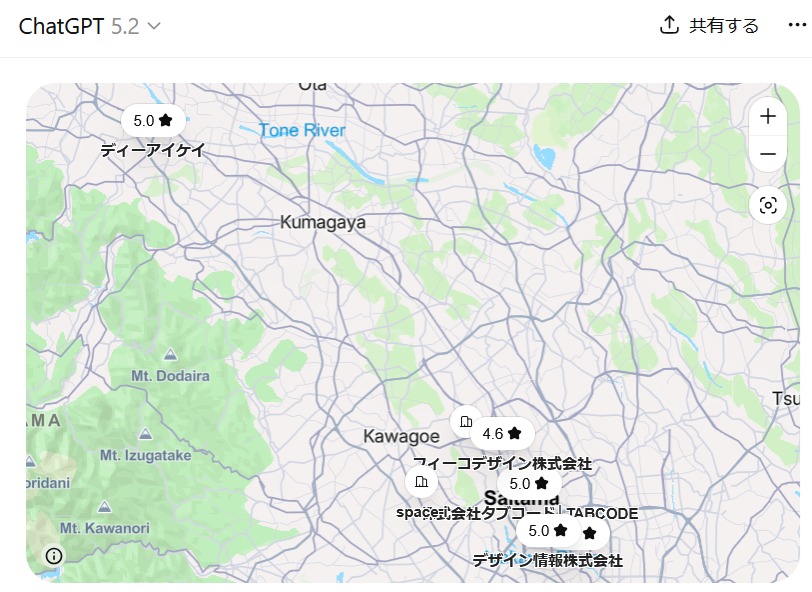 DIKが埼玉のAIOに強いホームページ制作会社としてChatGPTの地図に表示されている