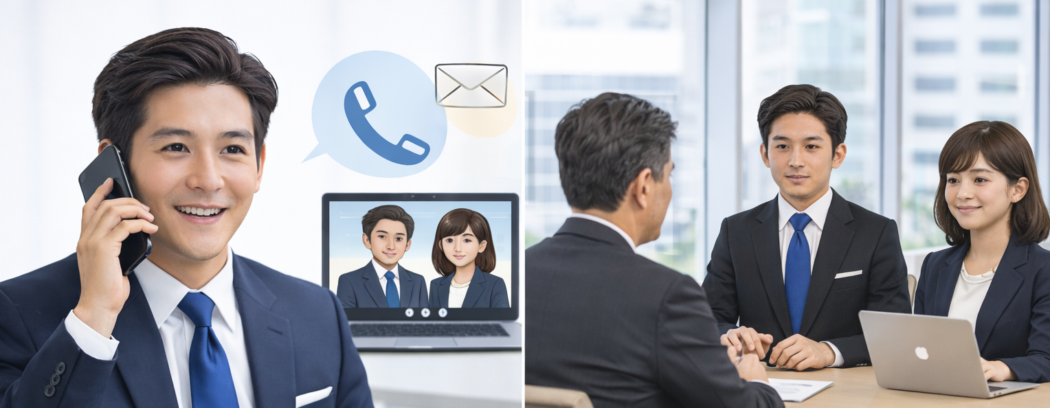 DIKが顧客と相談しているイメージ画像。電話、メール、ZOOM,.打ち合わせ訪問対応。